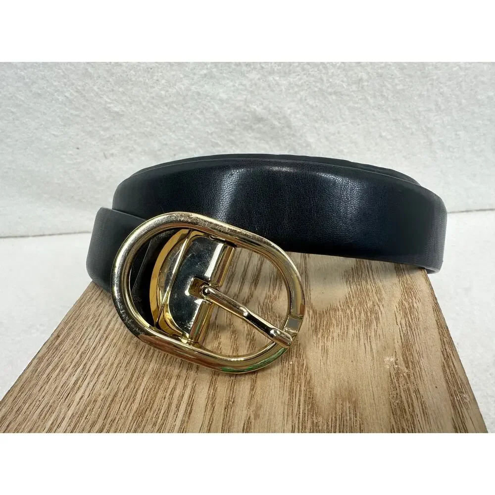 Black Leather Women's 49 inches Gold Oval Buckle Belt Preppy Classic Heritage